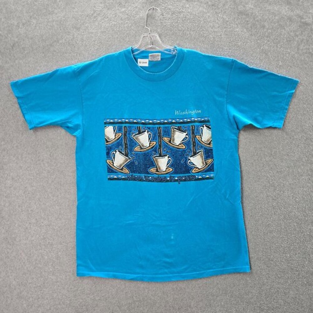 VINTAGE Washington Men Shirt XL Blue When It Rains It Pours 90s USA READ